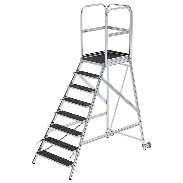 Munk Treppenpodest Podestleiter mit Rollen und Griff R13 Korund 8 Stufen - Anzahl Tritte: 8 Stk., Arbeitshöhe: 3.900 m, Aluminium - Mobile Arbeitsplattform aus silbernem Aluminium mit Treppe, schwarzen Antirutschstufen, Geländer und Rollen für erhöhten Zugang.