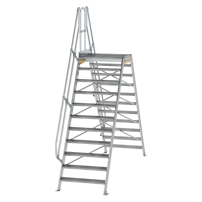 Munk Treppenpodest Überstieg 60° inkl. einen Handlauf, Stufenbreite 1000mm, 2x11 Stufen -  - Mobile Treppenplattform aus silbernem Aluminium mit breiten Stufen, stabiler Oberplattform und Sicherheitsgeländern.