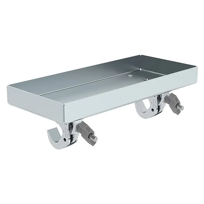 Munk Treppenpodest Ablageschale für Plattformtreppen 500x220 mm -  - Silberfarbene Metallablage mit zwei grau-geknöpften Montageklemmen an der Unterseite.