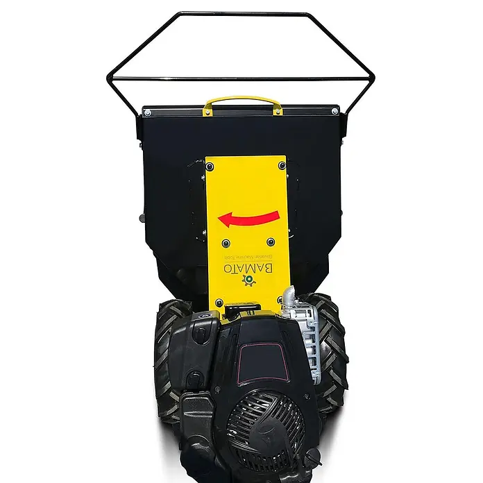 Bamato Benzin-Rasenmäher GM-875 - 223 cm³, Schnittbreite: 580 mm - Eine schwarze und gelbe BAMATO Einachser-Maschine mit großen Reifen und robustem Griff, von oben gesehen.
