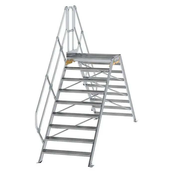 Munk Treppenpodest Überstieg 45° inkl. einen Handlauf, Stufenbreite 1000mm, 2x9 Stufen -  - Silberne Aluminium-Industriezugangstreppe mit Plattform und Sicherheitsgeländern.