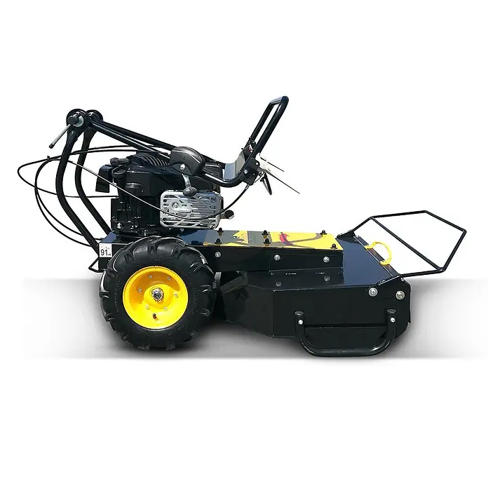 Bamato Benzin-Rasenmäher GM-875 - 223 cm³, Schnittbreite: 580 mm - Schwarzer handgeführter Freischneider mit gelben Radfelgen, Motor und robustem Schutzgehäuse.