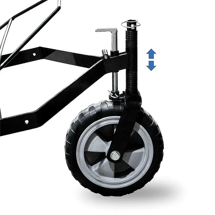 Bamato Benzin-Rasenmäher GM-200 - 3.600 W, 196 cm³, Schnittbreite: 550 mm - Schwarze Metall-Wagenradbaugruppe mit höhenverstellbarem Mechanismus und grau-schwarzem Rad.