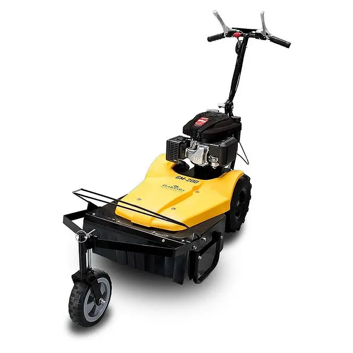 Bamato Benzin-Rasenmäher GM-200 - 3.600 W, 196 cm³, Schnittbreite: 550 mm - Gelb-schwarzer Einachs-Freischneider mit großen Hinterrädern, kleinem Vorderrad, Benzinmotor und Lenkersteuerung.