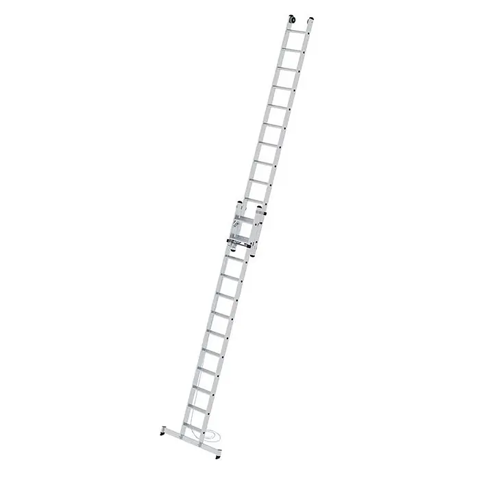 Munk Seilzugleiter Stufen- Seilzugleiter mit Nivello-Traverse 2x12 Stufen - Anzahl Tritte: 12 Stk., Arbeitshöhe: 7.000 m, Aluminium - Silberne Aluminium-Ausziehleiter mit Stabilisatorbasis und Seilzugsystem.