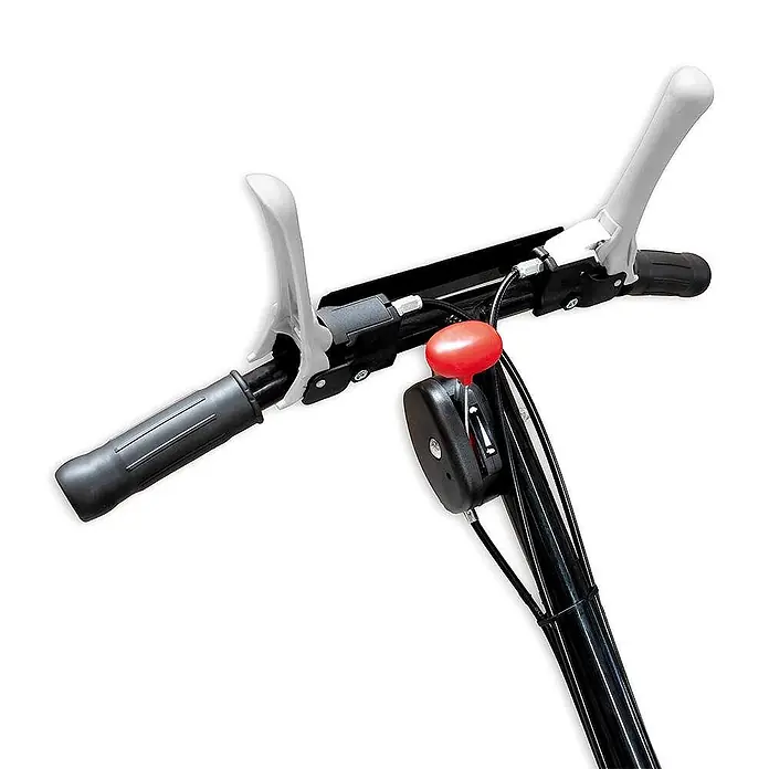 Bamato Benzin-Rasenmäher GM-200 - 3.600 W, 196 cm³, Schnittbreite: 550 mm - Schwarzer und grauer Lenker mit Steuerhebeln, einem roten Knopf und Kabeln zur Maschinenbedienung.