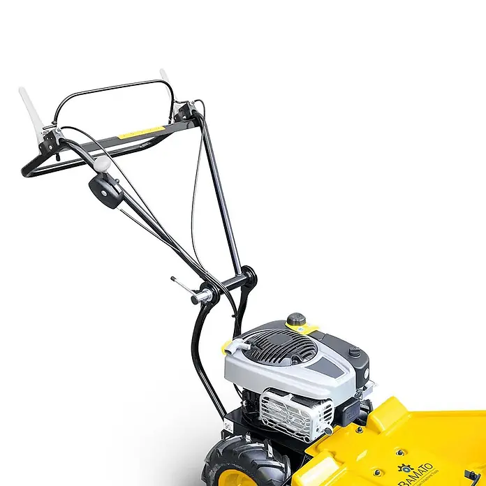 Bamato Benzin-Rasenmäher GS-875 - 223 cm³, Schnittbreite: 640 mm - Ansicht von oben auf eine gelbe und schwarze Gartenfräse mit silbergrauem Motor und schwarzen Griffen, Bedienelemente sichtbar.