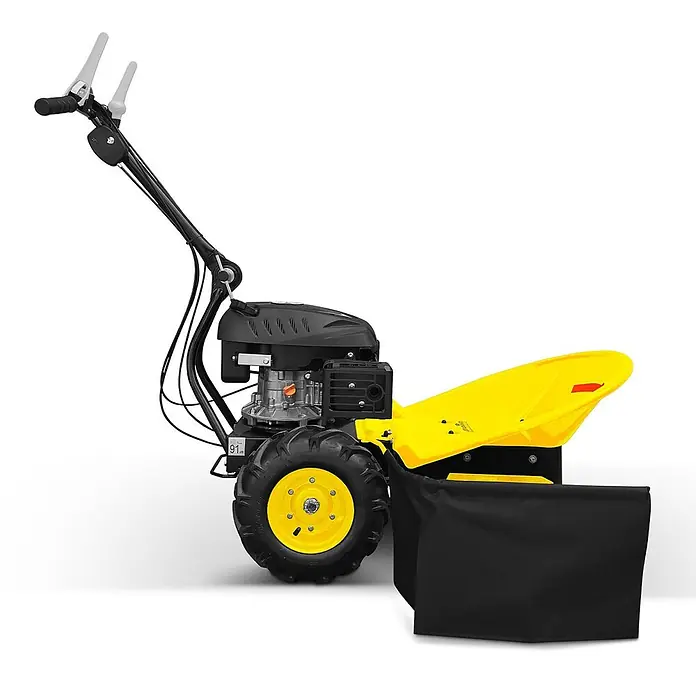 Bamato Benzin-Rasenmäher GS-170 - 223 cm³, Schnittbreite: 580 mm - Gelb-schwarzer Einachser-Mäher mit großen Rädern, Motor und Auffangsack vorne.