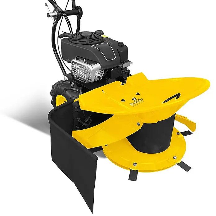 Bamato Benzin-Rasenmäher GS-950V - 223 cm³, Schnittbreite: 640 mm - Gelb-schwarzer Freischneider mit Motor, großen Rädern und mehrblättrigem Mähkopf.