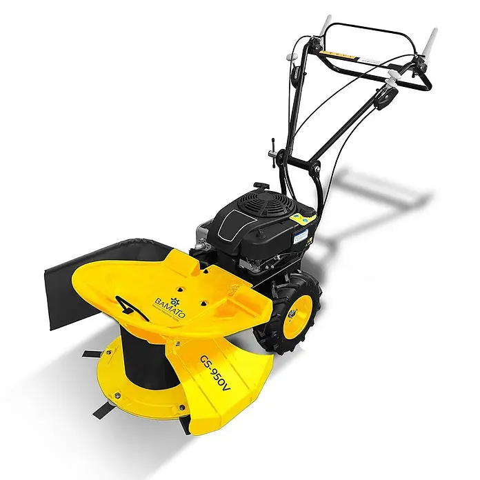 Bamato Benzin-Rasenmäher GS-950V - 223 cm³, Schnittbreite: 640 mm - Gelb-schwarzer Freischneider mit großem Mähdeck und Motor, zum Entfernen von Gras und Gestrüpp.