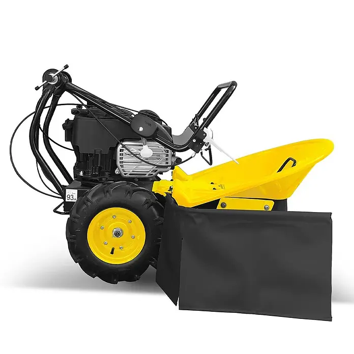 Bamato Benzin-Rasenmäher GS-950V - 223 cm³, Schnittbreite: 640 mm - Gelb-schwarzer Einachser-Schlegelmäher mit Motor, Lenker, Rädern und schwarzer Stoffabdeckung des Mähwerks.