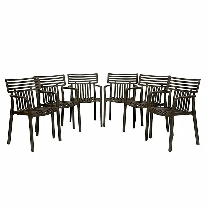 Floordirekt Gartenstuhl-Set Sitwell 6er Set Anthrazit - Polypropylen, Anthrazit - Sechs dunkelbraune Kunststoff-Sessel mit Lamellenrücken und -sitzen.