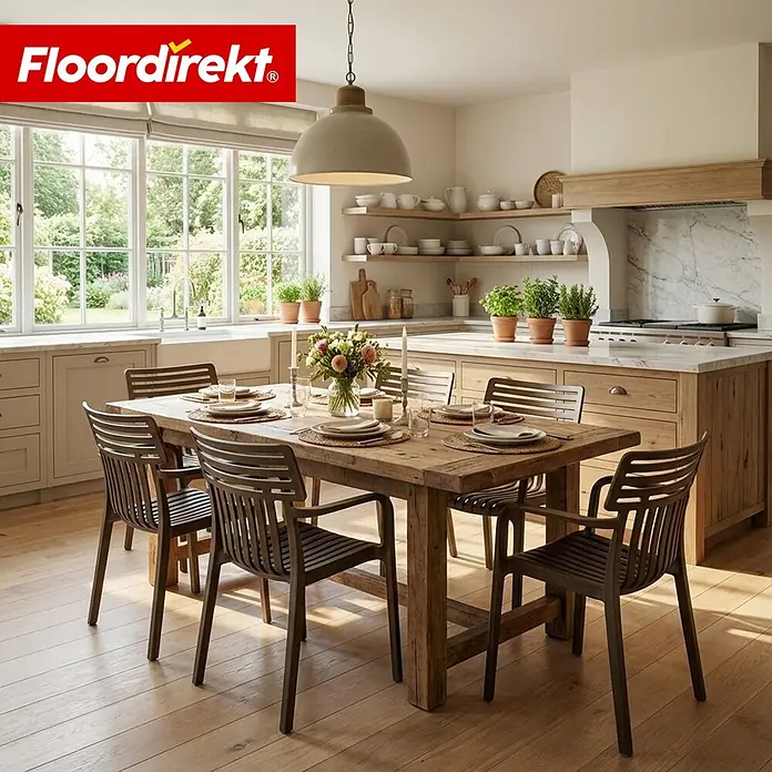 Floordirekt Gartenstuhl-Set Sitwell 6er Set Anthrazit - Polypropylen, Anthrazit - Heller Holzfußboden in einem hellen Küchen-Essbereich unter einem Esstisch aus Holz mit Stühlen.