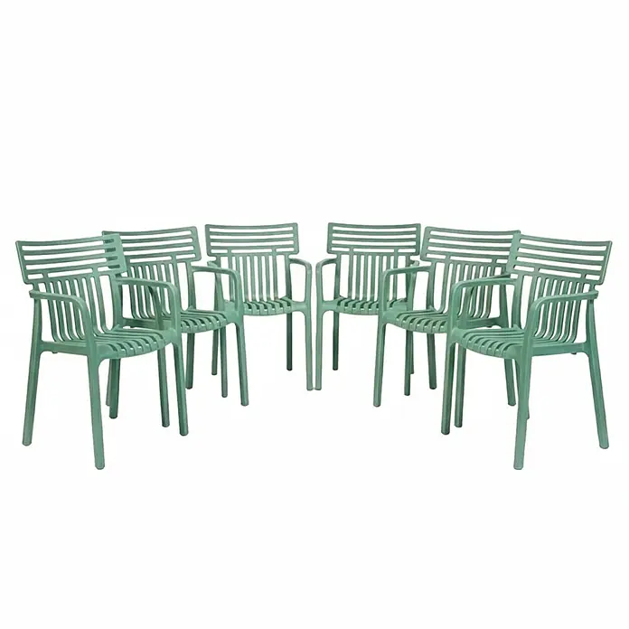 Floordirekt Gartenstuhl-Set Terrano 6er Set Grün - Polypropylen, Grün - Sechs grüne Kunststoffstühle mit Lamellenrückenlehne, Sitzfläche und Armlehnen.