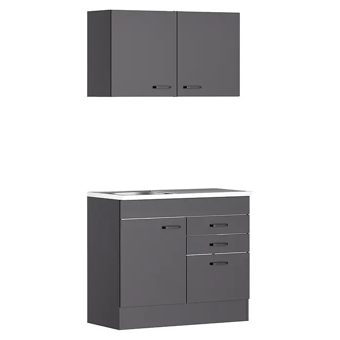 Optifit Optimulti Miniküche Kiel420 - B x L: 100 x 50 cm, Anthrazit, Mit Spülenauflage, Ohne Elektrogeräte - Dunkelgraues Küchenschrank-Set mit Hängeschränken und Unterschrank mit Spüle und Schubladen.