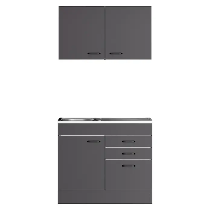Optifit Optimulti Miniküche Kiel420 - B x L: 100 x 60 cm, Anthrazit, Mit Spülenauflage, Ohne Elektrogeräte - Dunkelgraue Küchenschränke mit integrierter Spüle. Zwei Oberschränke und ein Unterschrank mit Tür und drei Schubladen.