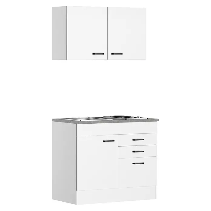 Optifit Optimulti Miniküche Bonn214 - Breite: 100 cm, Weiß, Mit 2-Platten-Kochfeld - Weiße Küchenzeile mit Oberschränken und Unterschrank mit Spüle, Kochfeld und Schubladen, alle mit dunklen Griffen.