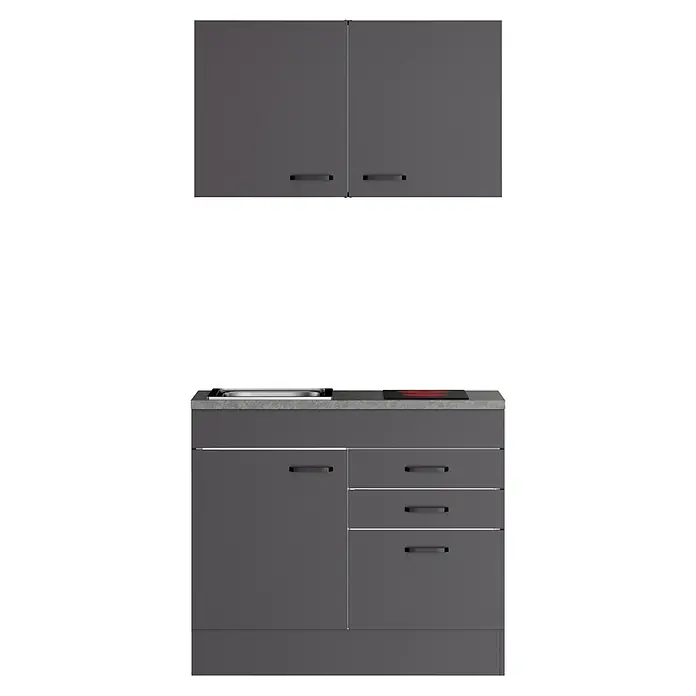 Optifit Optimulti Miniküche Kiel420 - Breite: 100 cm, Anthrazit, Mit 2-Platten-Glaskeramikkochfeld - Dunkelgraue modulare Küchenzeile mit Oberschränken und Unterschrank mit Spüle, Kochfeld, Tür und drei Schubladen, alle mit dunklen Griffen.