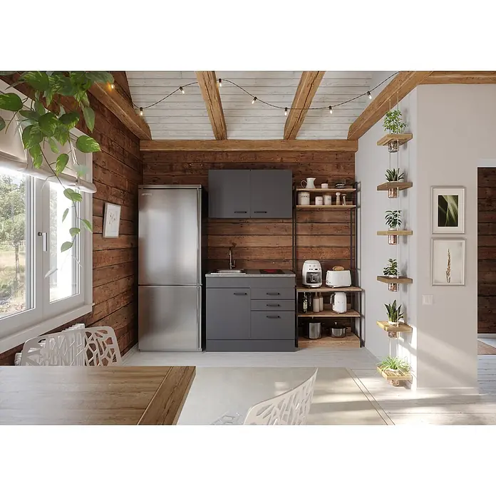 Optifit Optimulti Miniküche Kiel420 - Breite: 100 cm, Anthrazit, Mit 2-Platten-Glaskeramikkochfeld - Moderne graue Küchenschränke und ein Edelstahlkühlschrank in einem rustikalen Raum mit Holzwänden und Balken.