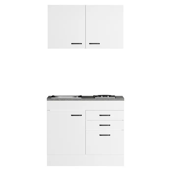 Optifit Optimulti Miniküche Bonn214 - Breite: 100 cm, Weiß, Mit 2-Platten-Kochfeld - Weißer Küchenschrank mit Oberschränken und Unterschrank, grauer Arbeitsplatte, integrierter Spüle und Kochfeld.