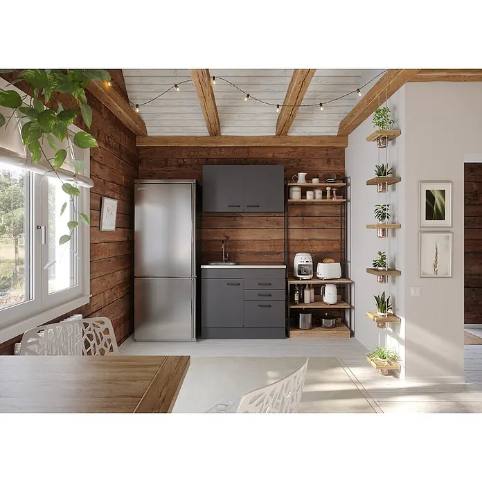 Optifit Optimulti Miniküche Kiel420 - B x L: 100 x 50 cm, Anthrazit, Mit Spülenauflage, Ohne Elektrogeräte - Rustikale Küche mit dunkelgrauen Schränken, Edelstahlkühlschrank, Holzwänden und offenen Regalen.