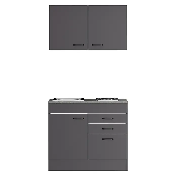 Optifit Optimulti Miniküche Kiel420 - Breite: 100 cm, Anthrazit, Mit 2-Platten-Kochfeld - Dunkelgraue modulare Küchenzeile mit Oberschränken und Unterschrank mit Spüle, Kochfeld, Schrank und Schubladen.