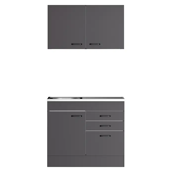 Optifit Optimulti Miniküche Kiel420 - B x L: 100 x 50 cm, Anthrazit, Mit Spülenauflage, Ohne Elektrogeräte - Dunkelgraue Küchenschränke: zwei Oberschränke und ein Unterschrank mit drei Schubladen und einer Tür.