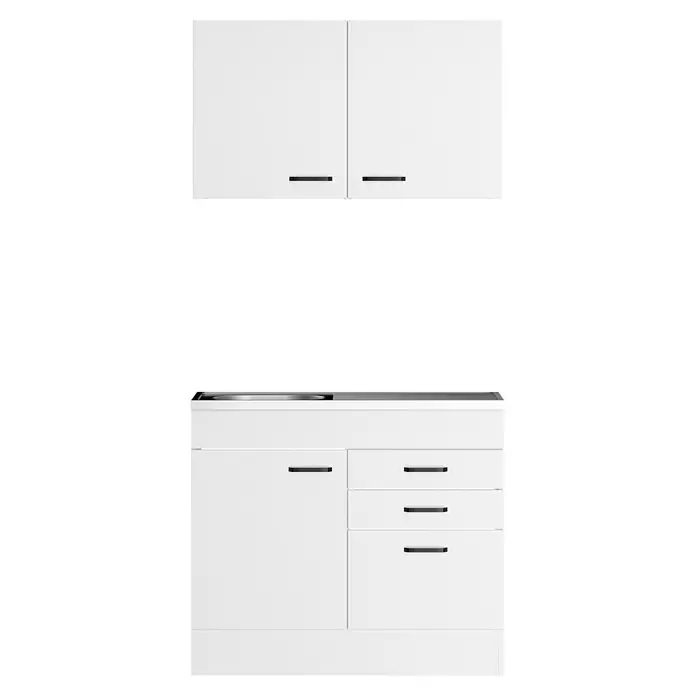 Optifit Optimulti Miniküche Bonn214 - B x L: 100 x 50 cm, Weiß, Mit Spülenauflage, Ohne Elektrogeräte - Weiße Küchenschränke und Unterschrank mit schwarzen Griffen und integriertem Kochfeld.