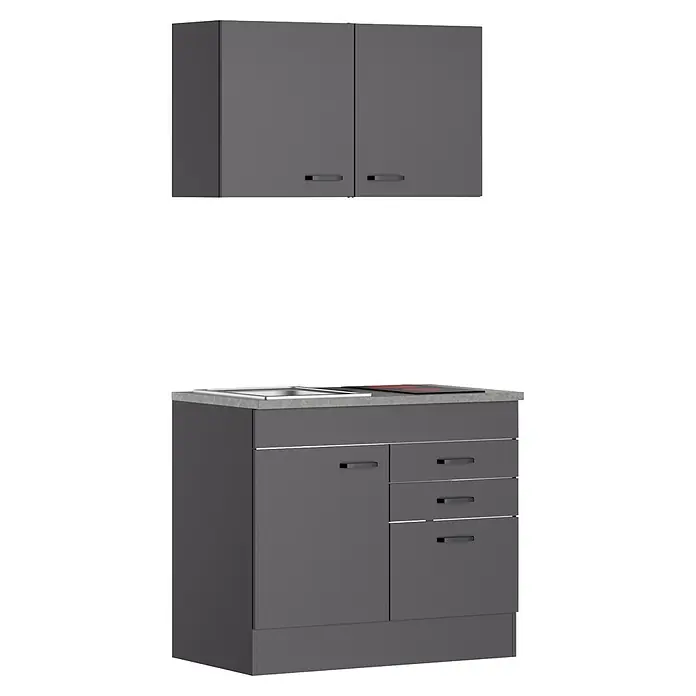 Optifit Optimulti Miniküche Kiel420 - Breite: 100 cm, Anthrazit, Mit 2-Platten-Glaskeramikkochfeld - Dunkelgraue Küchenzeile mit zweitürigem Hängeschrank und Unterschrank mit Spüle, Kochfeld, Tür und drei Schubladen.