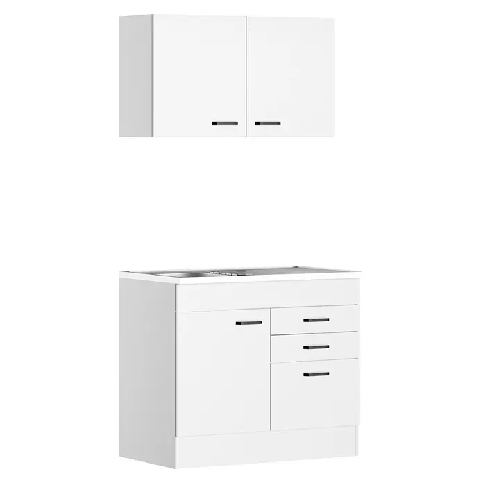 Optifit Optimulti Miniküche Bonn214 - B x L: 100 x 60 cm, Weiß, Mit Spülenauflage, Ohne Elektrogeräte - Weißes Küchenschrank-Set mit Hängeschrank und Unterschrank, Spüle, Kochfeld, Türen und Schubladen.