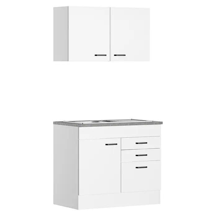Optifit Optimulti Miniküche Bonn214 - Breite: 100 cm, Weiß, Mit Einbauspüle, Ohne Elektrogeräte - Weißes Küchenschrank-Set mit Hängeschrank und Unterschrank mit Spülen-Ausschnitt und Schubladen, alle mit schwarzen Griffen.