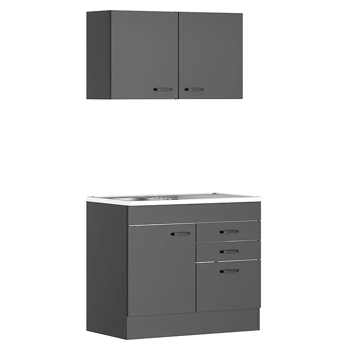 Optifit Optimulti Miniküche Kiel420 - B x L: 100 x 60 cm, Anthrazit, Mit Spülenauflage, Ohne Elektrogeräte - Dunkelgraue Küchenschrank-Garnitur mit zwei Hängeschränken und einem Unterschrank mit Spüle und Schubladen.
