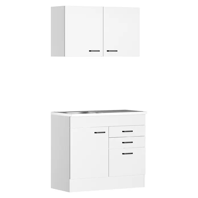 Optifit Optimulti Miniküche Bonn214 - B x L: 100 x 50 cm, Weiß, Mit Spülenauflage, Ohne Elektrogeräte - Weißes Küchenschrank-Set mit zwei Wandschränken, einem Unterschrank mit Spüle, einer Tür und drei Schubladen, alle mit schwarzen Griffen.