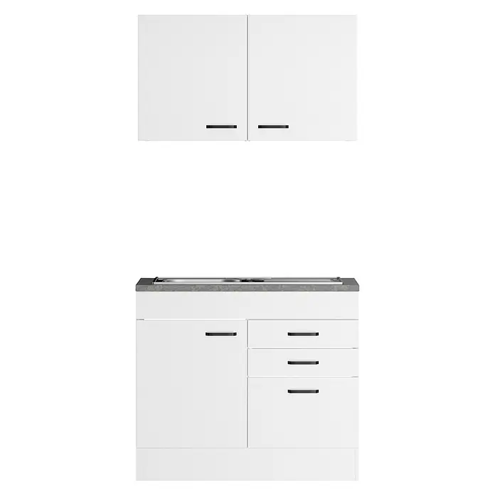 Optifit Optimulti Miniküche Bonn214 - Breite: 100 cm, Weiß, Mit Einbauspüle, Ohne Elektrogeräte - Weiße Küchenzeile: Hängeschränke, Unterschrank mit grauer Arbeitsplatte, Spüle, Kochfeld, einer Tür und drei Schubladen, alle mit schwarzen Griffen.