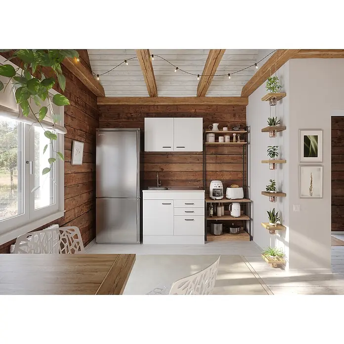 Optifit Optimulti Miniküche Bonn214 - B x L: 100 x 60 cm, Weiß, Mit Spülenauflage, Ohne Elektrogeräte - Eine rustikale Küche mit einem Kühlschrank aus Edelstahl, weißen Schränken, Holzregalen und sichtbaren Holzbalken.