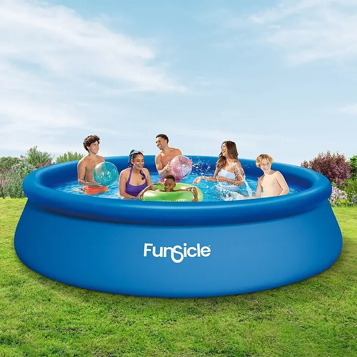 Funsicle Quick-Up-Pool - Ø x H: 396 x 84 cm, Blau, 7.147 l - Blaues aufblasbares Funsicle-Becken mit Erwachsenen und Kindern, die spielen und planschen, genießen den Sommerspaß.