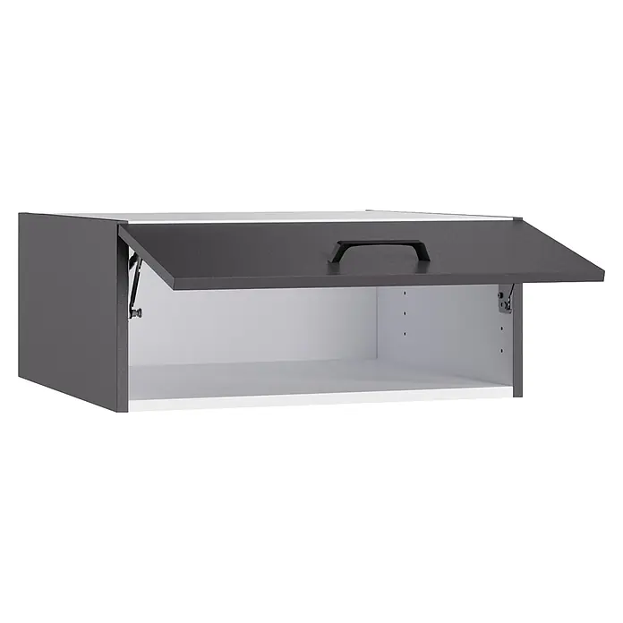 Optifit Optimulti Küchen-Aufsatzschrank Kiel420 - L x B x H: 57,1 x 60 x 25,6 cm, Anthrazit - Anthrazitfarbener Hängeschrank mit offener Tür und weißem Innenraum.
