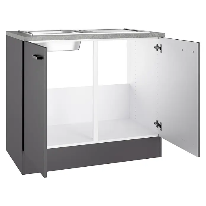 Optifit Optimulti Spülenunterschrank Kiel420 - 60 x 100 x 88 cm, Dekor Front: Grau matt - Dunkelgrauer Küchenunterschrank mit Spüle, hellgrauer Arbeitsplatte. Offene Türen zeigen weißes Inneres.