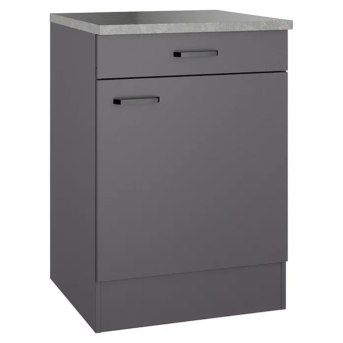 Optifit Optimulti Küchen-Unterschrank Kiel420 - B x T x H: 60 x 60 x 88 cm, Anthrazit - Dunkelgrauer Küchenunterschrank mit hellgrauer Arbeitsplatte, einer Schublade und einer Tür mit schwarzen Griffen.