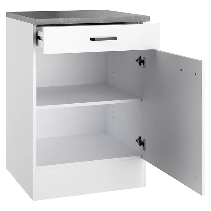 Optifit Optimulti Küchen-Unterschrank Bonn214 - B x T x H: 60 x 60 x 88 cm, Weiß/Grau - Weißer Küchenunterschrank mit grauer Arbeitsplatte, offener Schublade, offener Tür und zwei Einlegeböden.