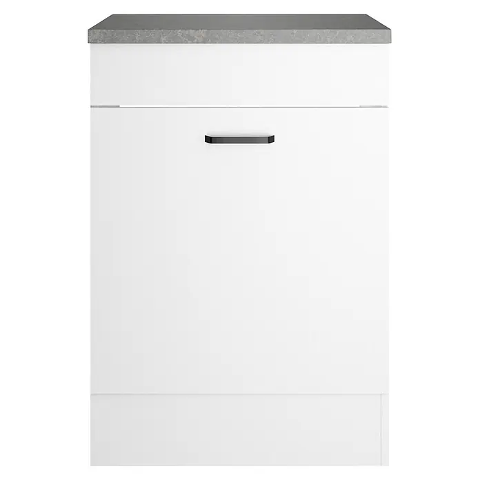 Optifit Optimulti Spülenunterschrank Bonn214 - 60 x 60 x 88 cm, Dekor Front: Weiß - Weißer integrierter Geschirrspüler mit dunklem Griff und grauer Arbeitsplatte.