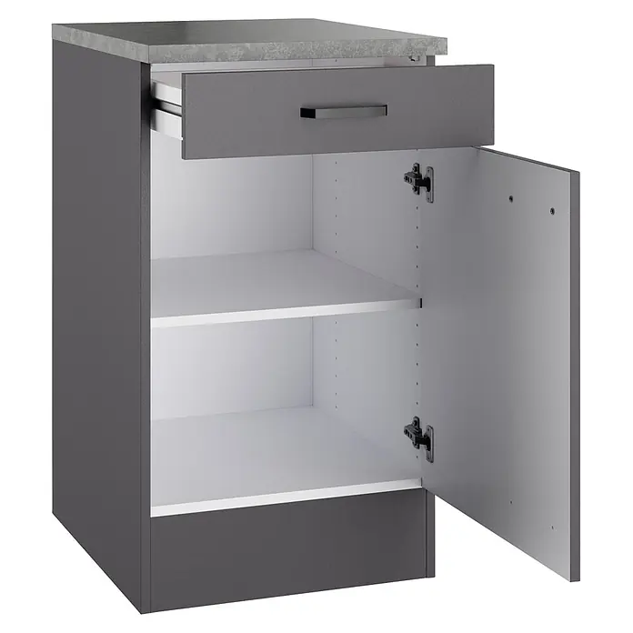 Optifit Optimulti Küchen-Unterschrank Kiel420 - B x T x H: 50 x 60 x 88 cm, Anthrazit - Grauer Küchenunterschrank mit heller Arbeitsplatte, geöffneter Schublade und offener Tür mit zwei Einlegeböden.