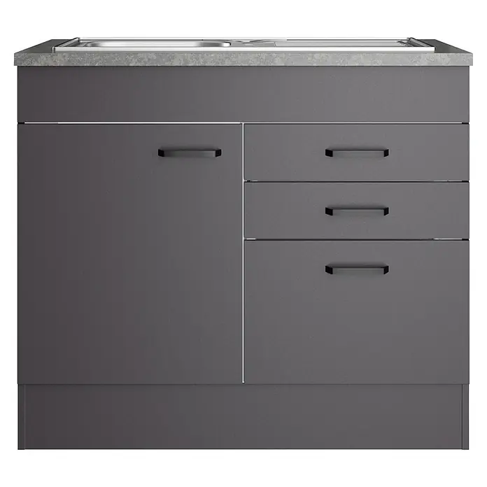 Optifit Optimulti Spülenunterschrank Kiel420 - 60 x 100 x 88 cm, Dekor Front: Grau matt - Dunkelgrauer Küchenunterschrank mit Spüle, einer Tür und drei Schubladen, mit schwarzen Griffen und einer gesprenkelten Arbeitsplatte.