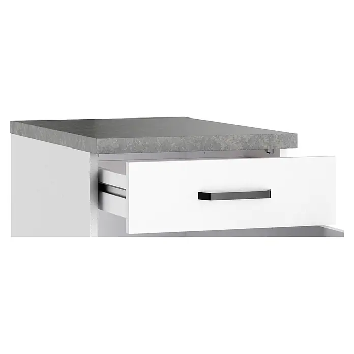 Optifit Optimulti Miniküche Bonn214 - Breite: 100 cm, Weiß, Mit 2-Platten-Kochfeld - Weißer Schubladenschrank mit grauer Arbeitsplatte, eine Schublade ist teilweise geöffnet.