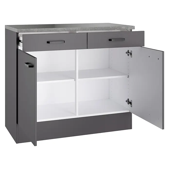 Optifit Optimulti Küchen-Unterschrank Kiel420 - B x T x H: 100 x 50 x 88 cm, Anthrazit - Dunkelgrauer Schrank mit hellgrauer Arbeitsplatte, zwei geöffneten Schubladen und zwei geöffneten Türen mit weißen Regalen.