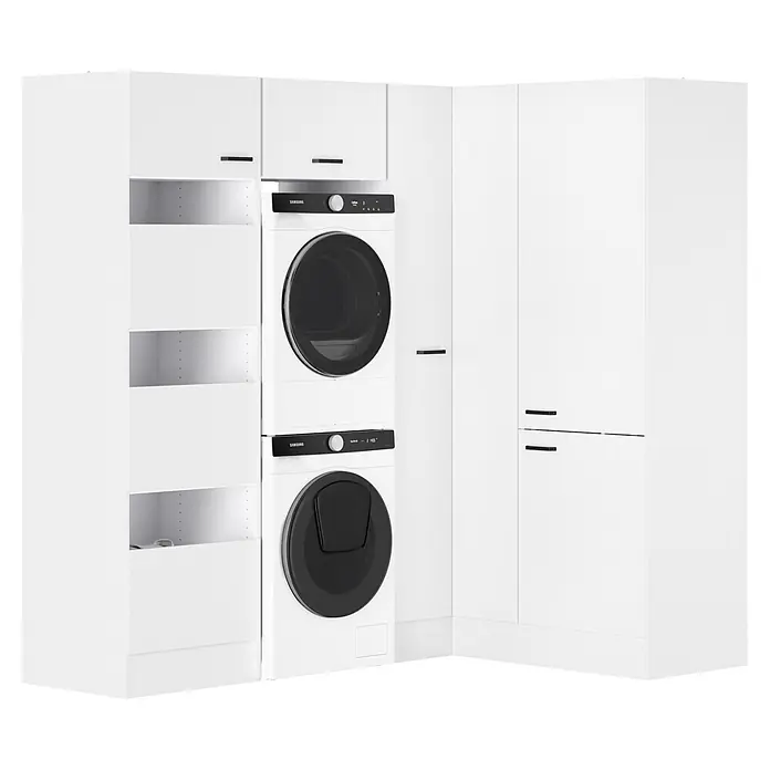 Optifit Optimulti Waschmaschinenschrank Bonn214 - L x B x H: 150 x 213,2 x 210 cm, Weiß - Gestapelte weiße Samsung Waschmaschine und Trockner in einer weißen Waschtischschrank-Anordnung.