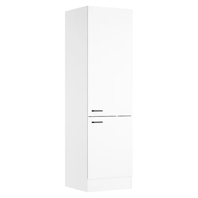 Optifit Optimulti Küchen-Hochschrank Bonn214 - B x T x H: 60 x 55,5 x 210 cm, Weiß - Weißer zweitüriger Schrank mit schwarzen horizontalen Griffen.