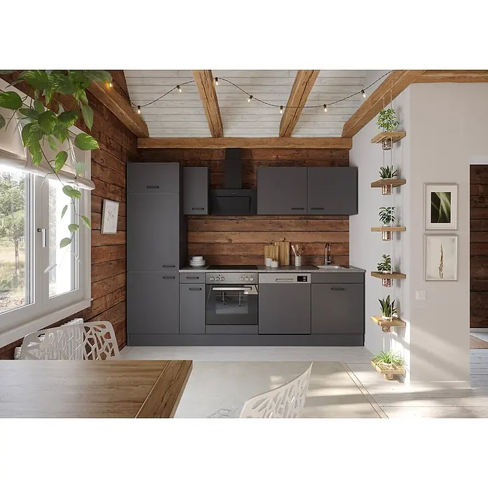 Optifit Optimulti Küchenleerblock Kiel420 - Breite: 270 cm, Anthrazit, Ohne Elektrogeräte, Mit Geschirrspülerschrank - Moderne dunkelgraue Küche mit integrierten Geräten wie Ofen und Kühlschrank, in einem rustikalen Raum mit Holzwänden und Balken.
