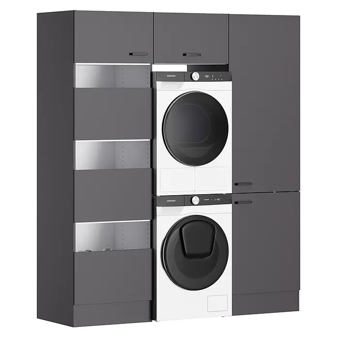 Optifit Optimulti Waschmaschinenschrank Kiel420 - L x B x H: 57,1 x 183,2 x 210 cm, Anthrazit - Weiße Samsung Waschmaschine und Trockner in einem dunkelgrauen Schranksystem mit offenen Fächern.