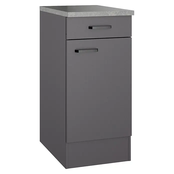 Optifit Optimulti Küchen-Unterschrank Kiel420 - B x T x H: 40 x 60 x 88 cm, Anthrazit - Dunkelgrauer Küchenunterschrank mit zwei Schubladen, schwarzen Griffen und heller gesprenkelter Arbeitsplatte.